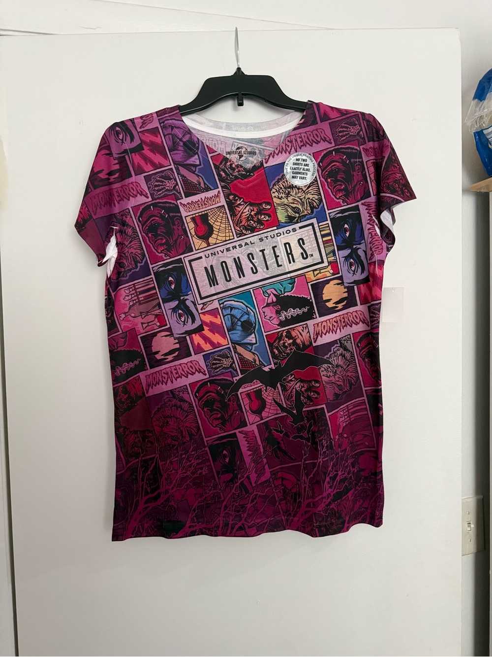 Universal Women's Magenta Graphic 'Monsters' Short Sleeve Tee